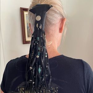 Leather ponytail motorcycle riding beaded hairpiece